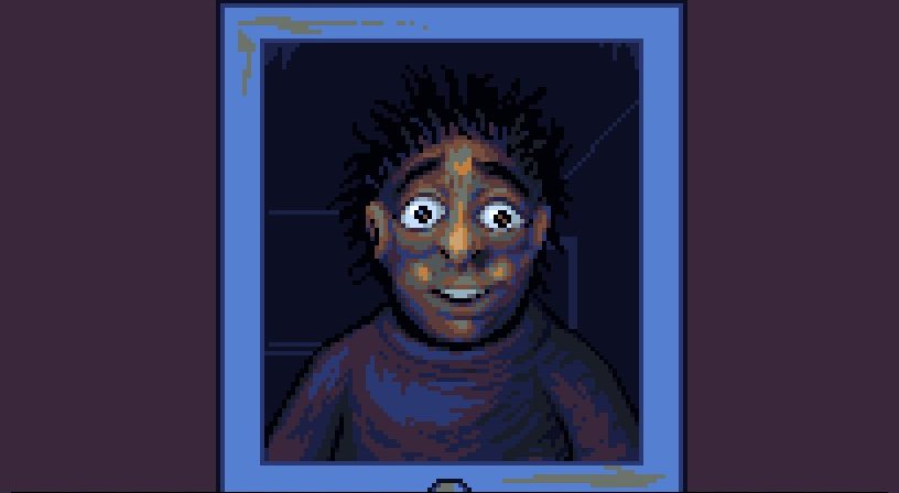 A imagem mostra o protagonista do Look Outside, Sam, se olhando no espelho e sorrindo