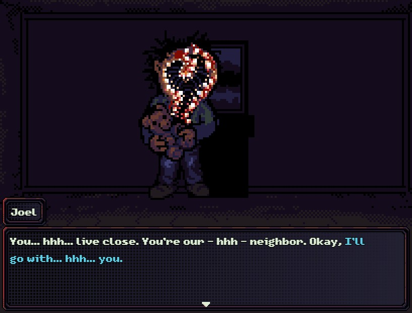 Joel, um dos personagens de Look Outside que podem ser recrutados, segurando seu ursinho Fuzzy e concordando em acompanhar Sam