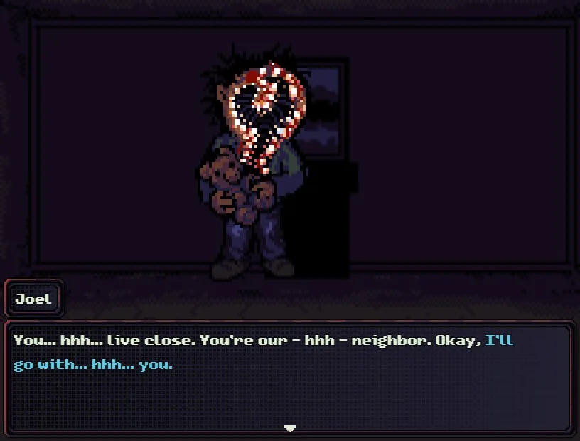 Joel, um dos personagens de Look Outside que podem ser recrutados, segurando seu ursinho Fuzzy e concordando em acompanhar Sam