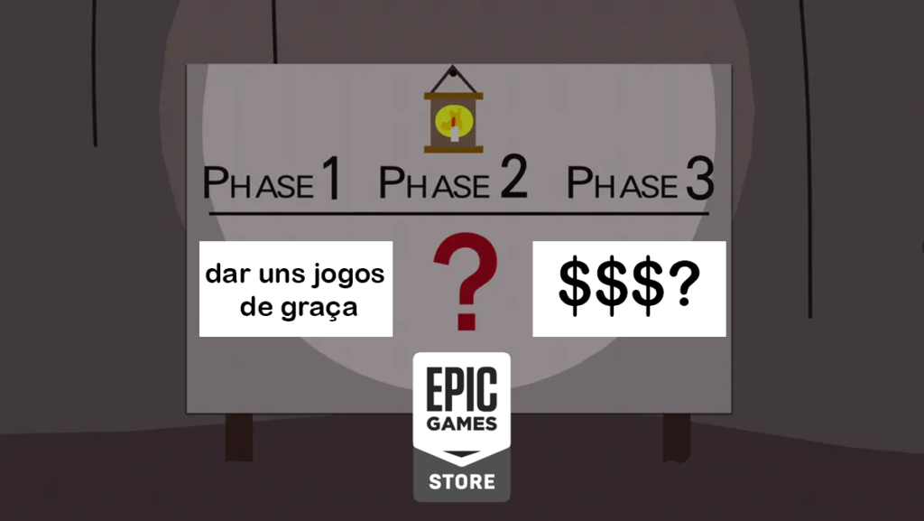 Cena de South Park com os gnomes que roubam cuecas satirizando a Epic Games Store que dá jogos de graça como uma tática pra fidelizar gamers sem sucesso