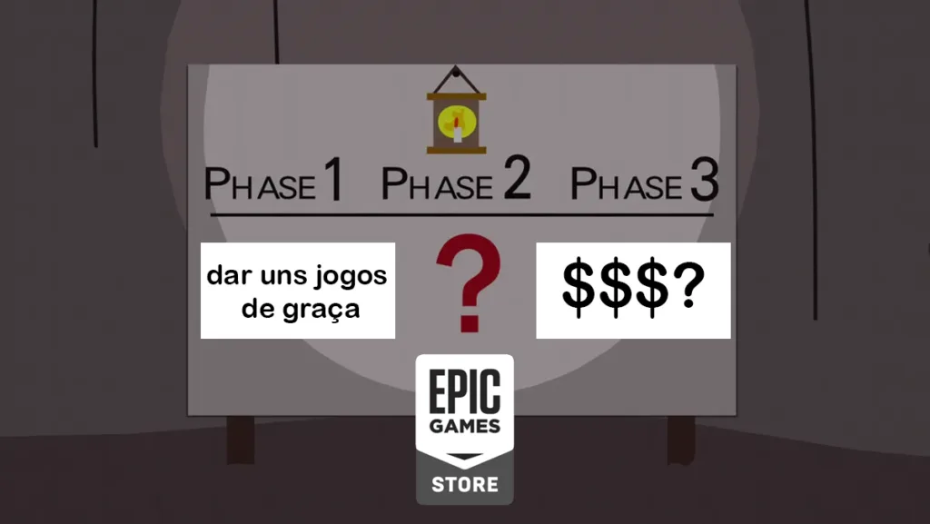 Cena de South Park com os gnomes que roubam cuecas satirizando a Epic Games Store que dá jogos de graça como uma tática pra fidelizar gamers sem sucesso