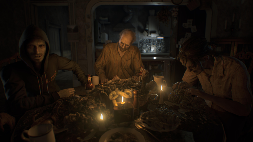 A icônica cena do jantar com a familía Baker em Resident Evil 7