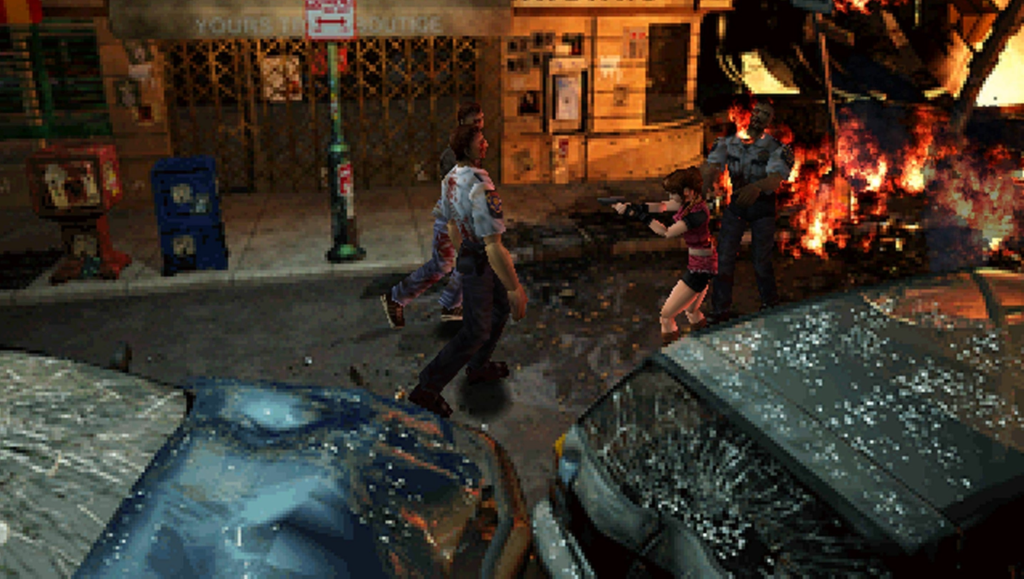 Gameplay do original Resident Evil 2, um dos melhores jogos de Resident Evil, mostrando Claire enfrentando um grupo de zumbis