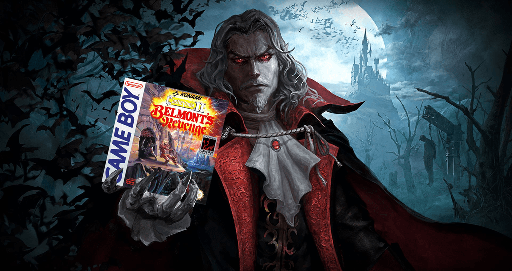 Imagem promocional editada da collab de Castlevania com Dead by Daylight mostrando o Drácula segurando uma cópia de Castlevania II: Belmont's Revenge, para Game Boy