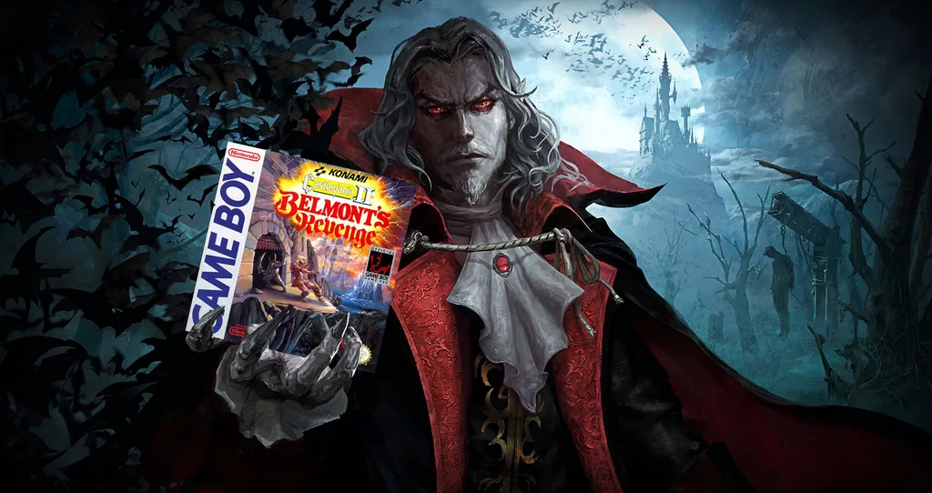 Imagem promocional editada da collab de Castlevania com Dead by Daylight mostrando o Drácula segurando uma cópia de Castlevania II: Belmont's Revenge, para Game Boy
