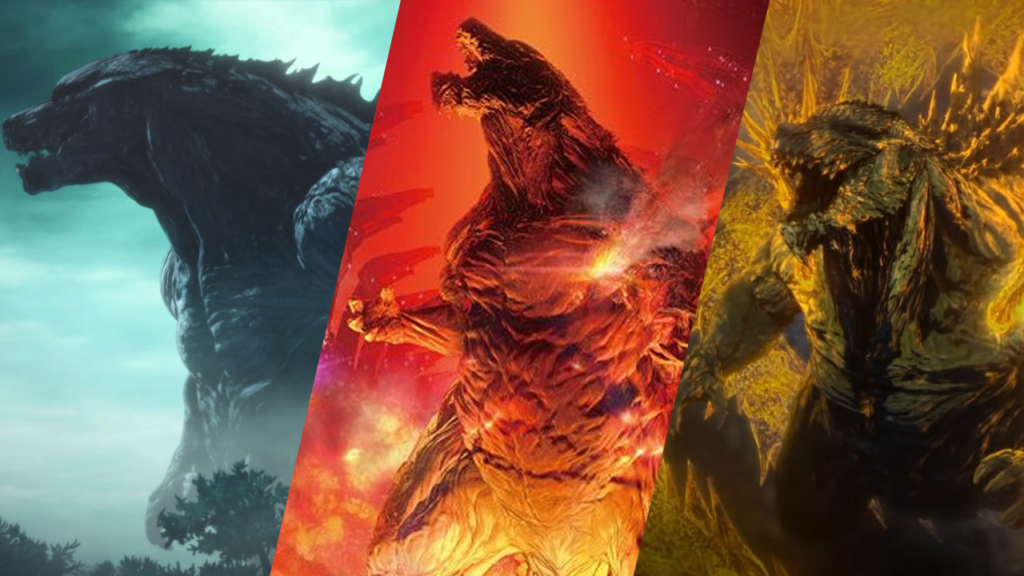 Imagens da trilogia do Godzilla composta por O Planeta dos Montros, Cidade no Limiar da Batalha e O Devorador de Planeta. Na foto são três imagens diferentes do Godzilla em cada um dos filmes