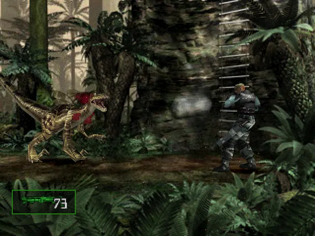 Dylan atirando num Velociraptor em Dino Crisis 2