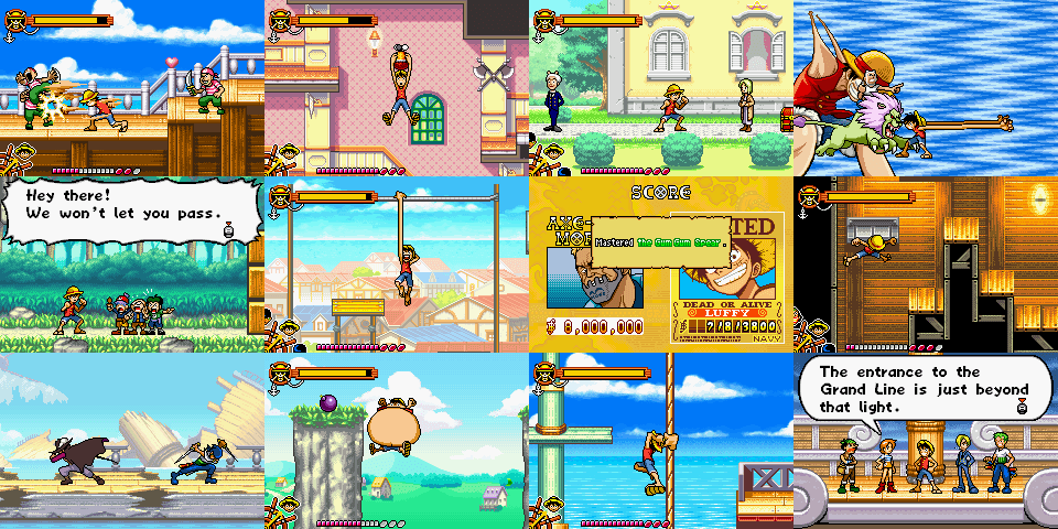 Várias imagens mostrando a gameplay de Shonen Jump's One Piece do Game Boy Advance