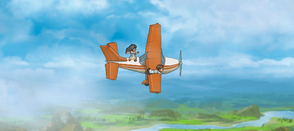 Cena de Finding Paradise com os personagens agarrados num aeroplano