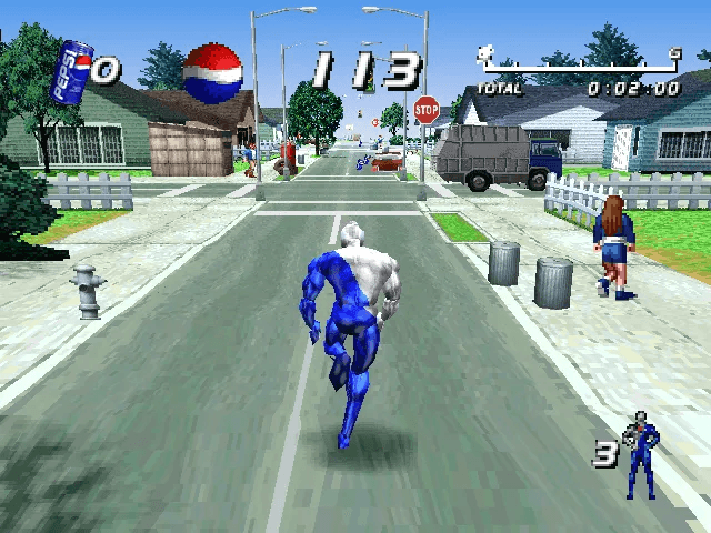 Pepsiman, do jogo Pepsiman, correndo enquanto a música grita "Pepsiman!"