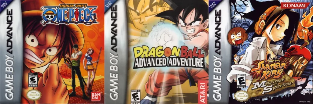 Capas de três jogos de animês do Game Boy Advance: Shonen's Jump One Piece, Dragon Ball: Advanced Adventure, Shaman King: Master of Spirits