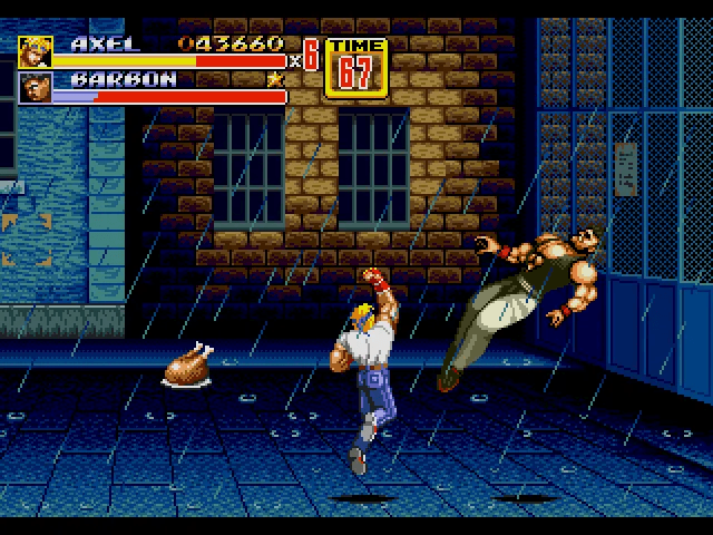 Axel usando um gancho no primeiro chefão de Streets of Rage 2