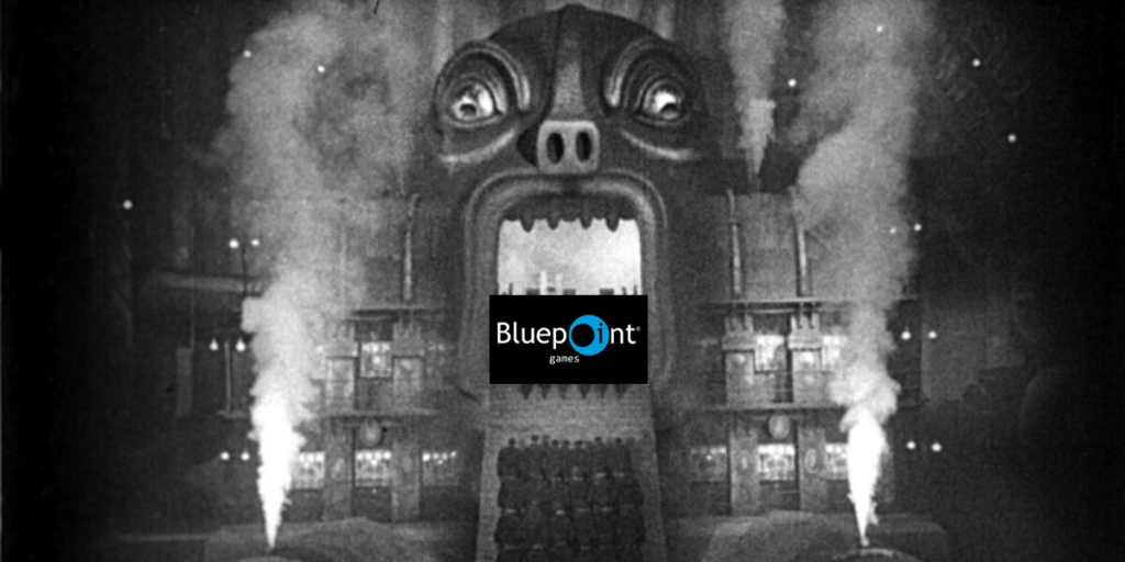 Cena do filme Metrópolis mostrando a grande máquina como se fosse um templo de sacrifício para Moloch. A imagem foi editada colocando a logo da Bluepoint Games no lugar dos trabalhadores
