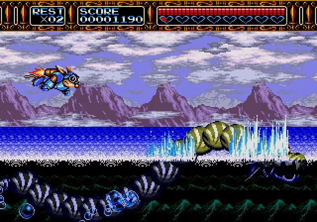 Primeira fase de shoot'em up no jogo de plataforma Rocket Knight Adventures