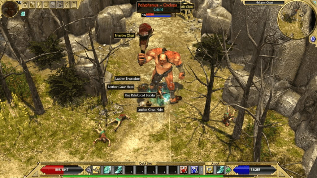 Personagem de Titan Quest enfrentando o ciclope Polifemo