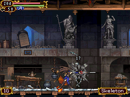 Protagonista de Castlevania: Order of Ecclesia derrotando um esqueleto