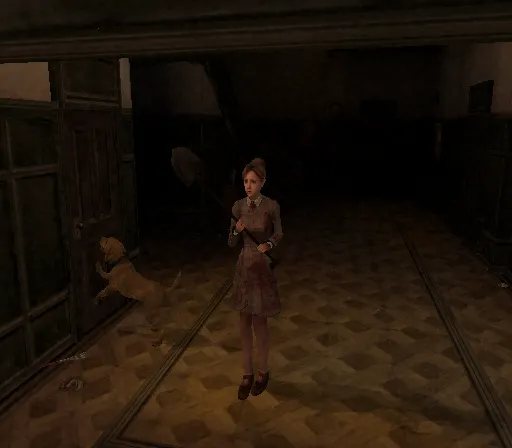 Imagem de Rule of Rose mostrando o cachorro varejando uma porta