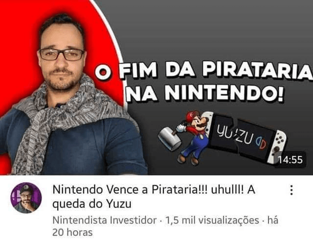 Thumb de um vídeo sobre a queda do emulador Yuzu feito pelo Nintendista Investidor, um criador de conteúdo canalha que volta e meia surge com papos elitistas