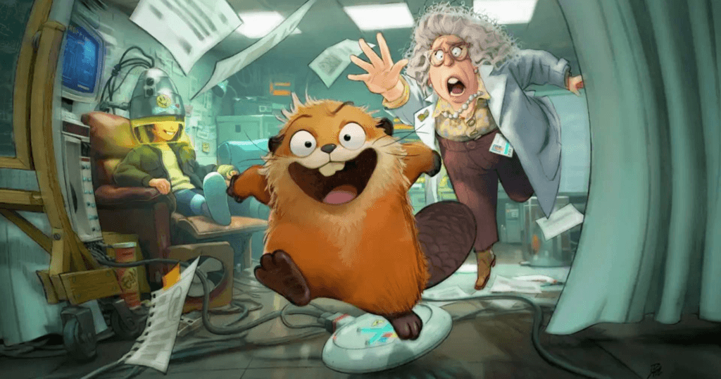 Imagem promocional de Hoppers mostrando a protagonista ao fundo numa máquina que transfere sua consciência para um robô-castor que é perseguido pela Drª Sam