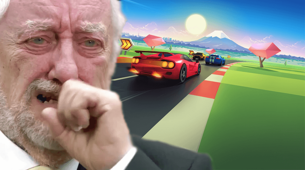 Montagem com a capa do jogo Horizon Chase Turbo, com carros disputando uma corrida com um visual estilizado ao fundo e um senhor chorando na frente