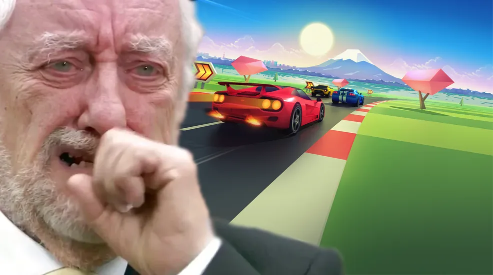 Montagem com a capa do jogo Horizon Chase Turbo, com carros disputando uma corrida com um visual estilizado ao fundo e um senhor chorando na frente