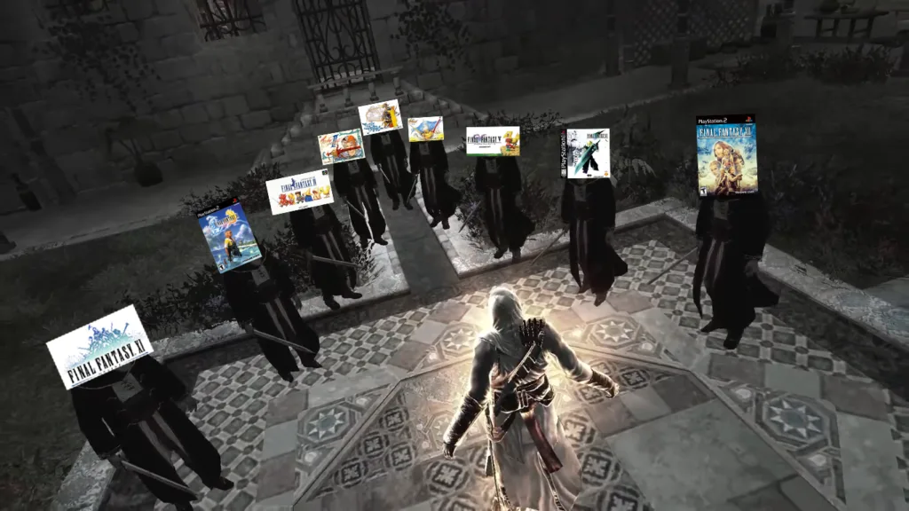 Montagem com uma cena da luta final do primeiro Assassin's Creed em que o chefão cria várias ilusões dele mesmo. Na imagem foram colocadas capas de alguns dos jogos de Final Fantasy, fazendo uma piada com a ideia de um "Final Fantasy de verdade"