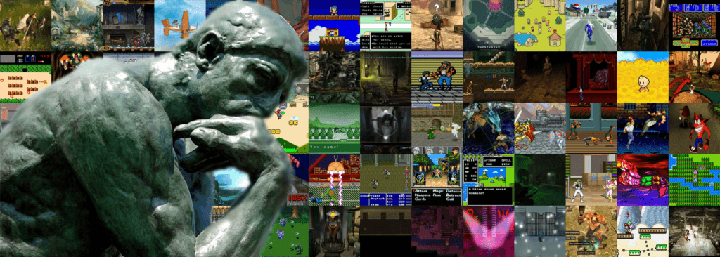 Imagem com todos os jogos da Jogospectiva original que fiz em 2021 com a foto da estátua de O Pensador na frente para simbolizar eu pensando na minha relação com videogames