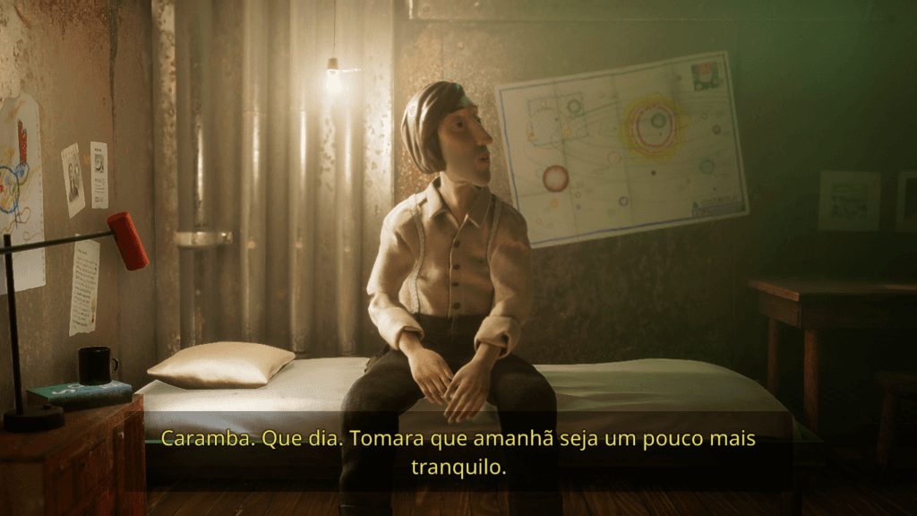 Harold, protagonista do jogo homônimo Harold Halibut, na sua cama