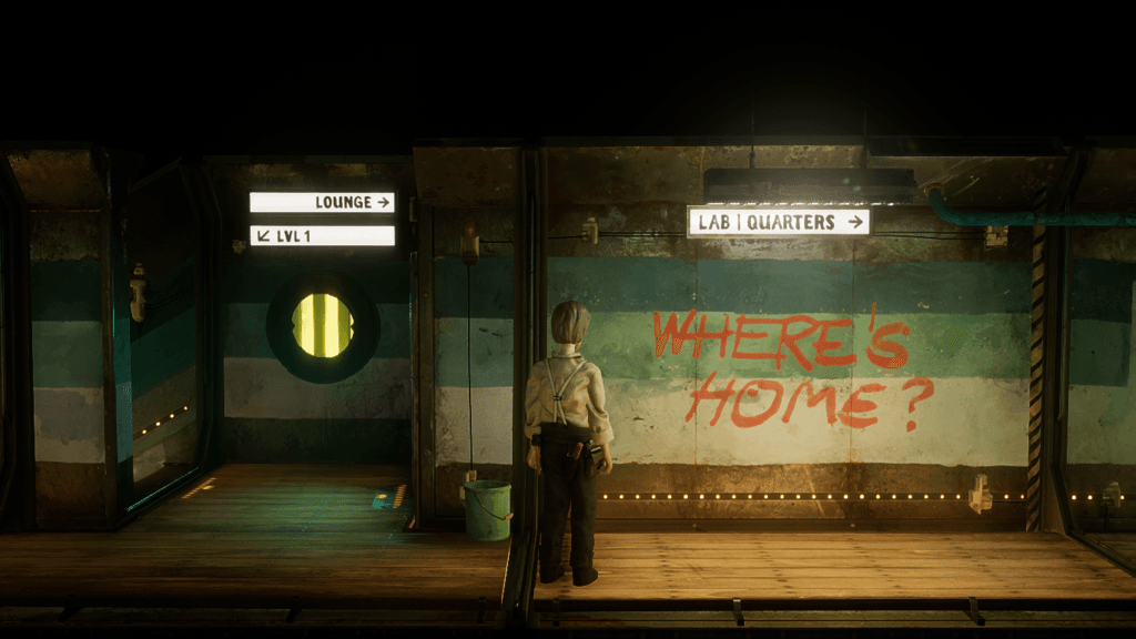 Parede do laboratório pichada com a mensagem "Where's home?" em Harold Halibut
