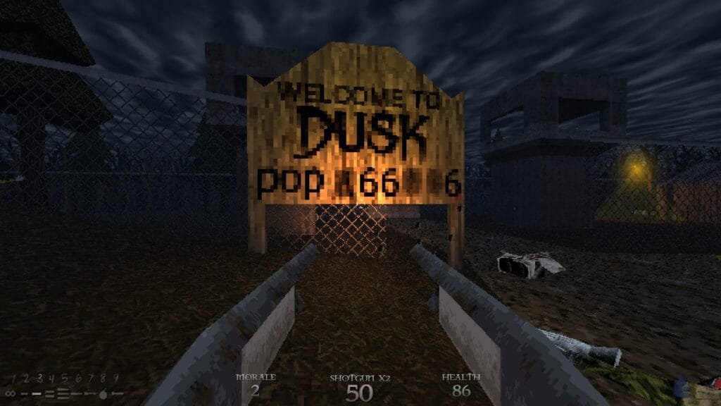 Placa de "Welcome to Dusk" que aparece em uma das fases do jogo