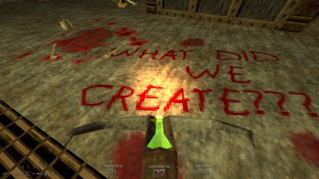"What did we created?", frase escrita com sangue num laboratório em Dusk