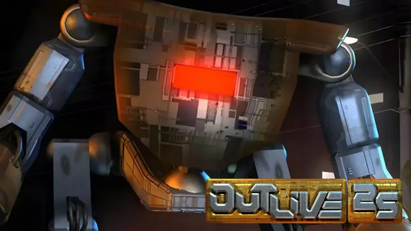 Imagem do jogo Outlive 25, remaster de clássico jogo de estratégia em tempo real brasileiro, destacando um robô com o título do jogo no canto inferior direito