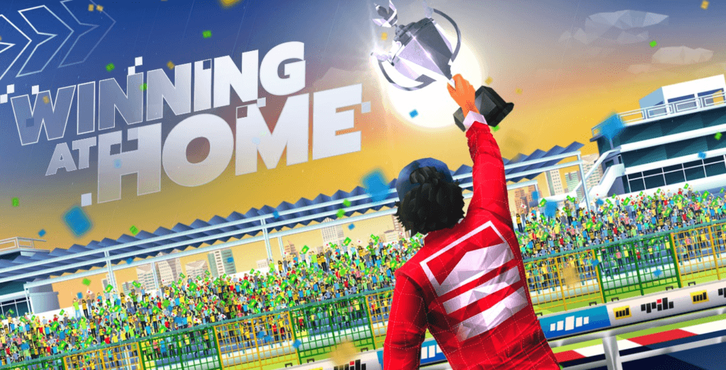Cartão de "Winning Home" mostrando Ayrton Senna vencendo no Brasil. A imagem é parte da DLC, Senna Forever, de Horizon Chase Turbo