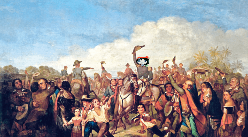 Quadro "A proclamação da Independência", feito por François-René Moreaux em 1844, porém editado com a cabeça do protagonista Quote de Cave Story no lugar da cabeça de Dom Pedro I