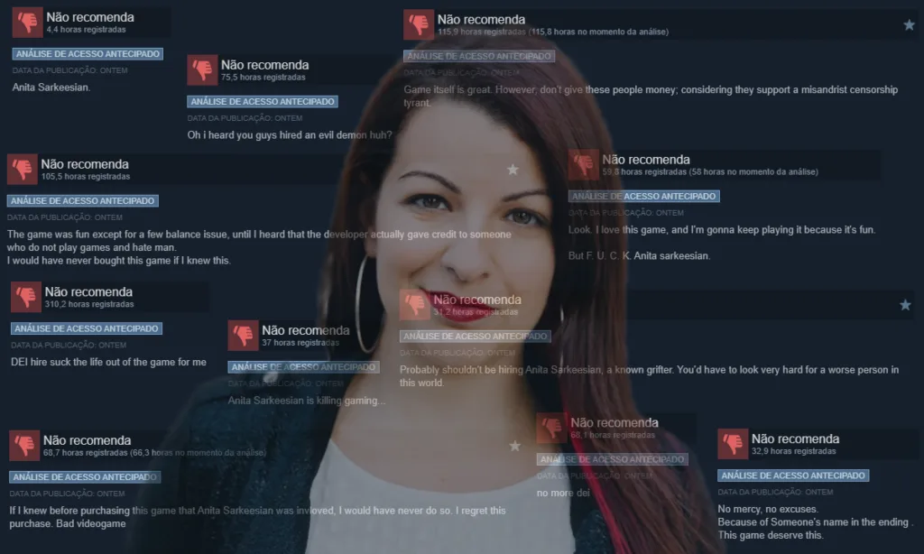 Ao fundo algumas reviews negativas histéricas na Steam do jogo Slay the Spire II por causa do envolvimento da Anita Sarkeesian, cuja foto translúcida aparece meio da imagem