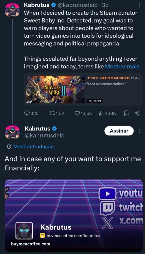 Kabrutus, um perfil picareta do Twitter, tentando ganhar dinheiro com guerra cultural