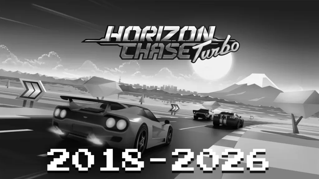 Poster em preto e branco de Horizon Chase Turbo com os anos 2018 - 2026 destacado embaixo