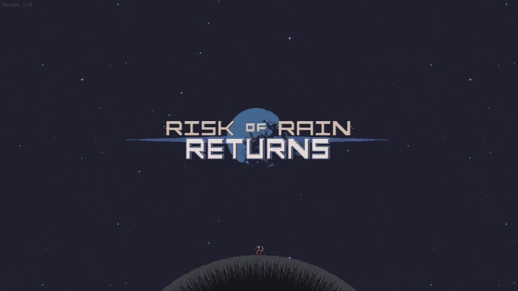 Tela inicial de Risk of Rain Returns mostrando a personagem Huntress andando por um pequeno planeta em loop