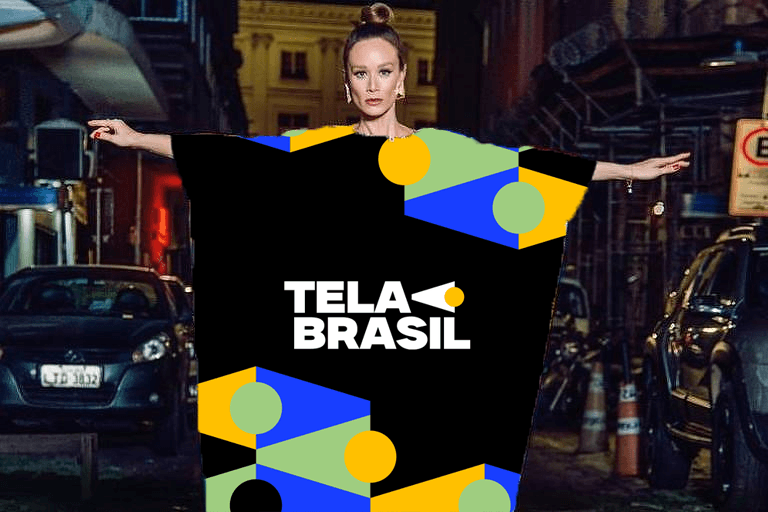 Foto icônica da atriz Mariana Ximenes em que ela aparecia com um vestido feito com cartazes de filmes brasileiros. O foto foi editada e em vez dos cartazes aparece logo do Tela Brasil, plataforma de streaming pública brasileira