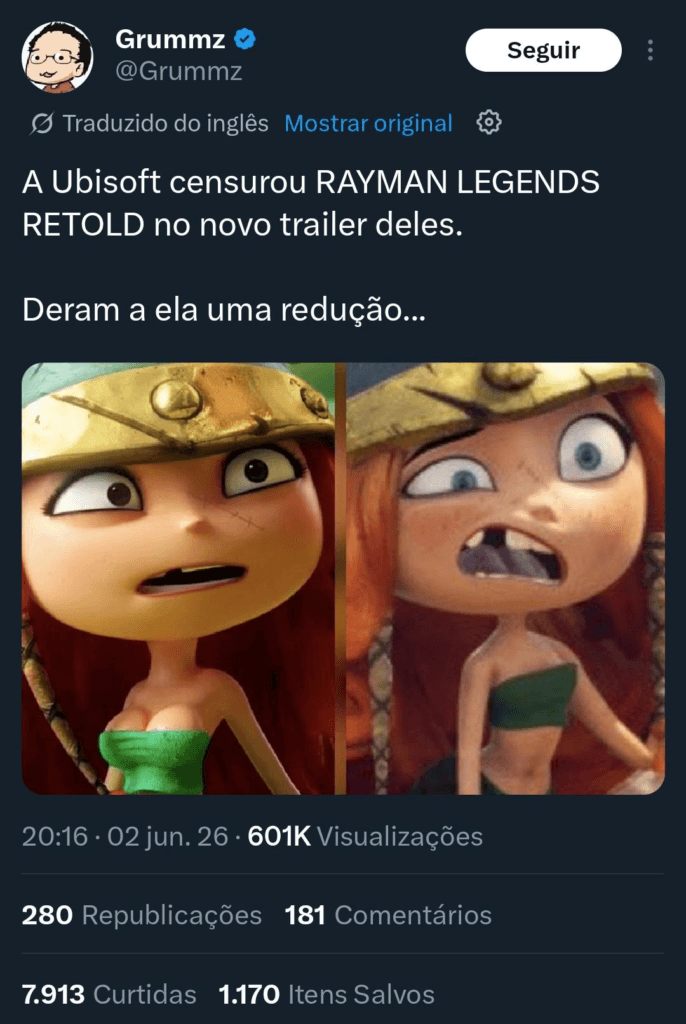 Grummz, conhecido picareta esquisito da comunidade gamer, reclamando que diminuíram os peitos de uma personagem do remake de Rayman Legends