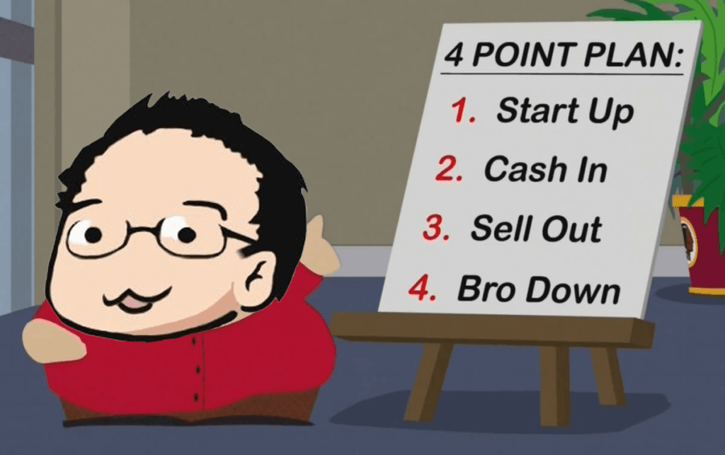 Imagem de um episódio de South Park em que Cartman explica o golpe da startup deles de criar uma empresa só para vender e ficar com o dinheiro. A imagem foi editada colando a foto do perfil do Grummz, conhecido picareta da comunidade gamer
