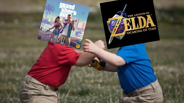 Dois bebês brigando com as logos de GTA VI e o remake de Ocarina of Time no lugar das suas cabeças, referência a discussão boba de GTA vs Zelda na internet