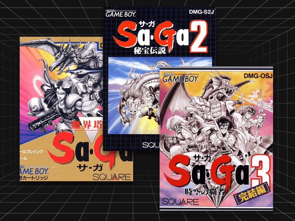 Foto com as capas originais da trilogia do Game Boy de SaGa, lançada nos Estados Unidos como Final Fantasy Legend