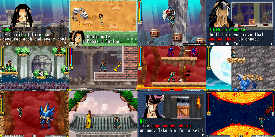 Várias imagens mostrando a jogabilidade do metroidvania Shaman King: Master of Spirits 2