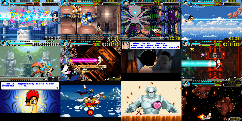 Várias imagens da jogabilidade de Astro Boy: Omega Factor, beat'em up do Game Boy Advance