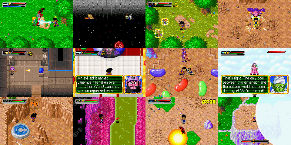 Várias imagens da jogabilidade de Dragon Ball: Buu's Fury, último título da trilogia de RPGs de Ação de Dragon Ball do Game Boy Advance