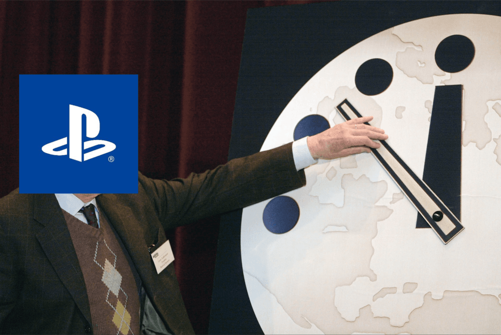 Imagem do famoso Relógio do Juízo Final editado com a logo do PlayStation para representar o fim da mídia física que ocorrerá a partir de 2028