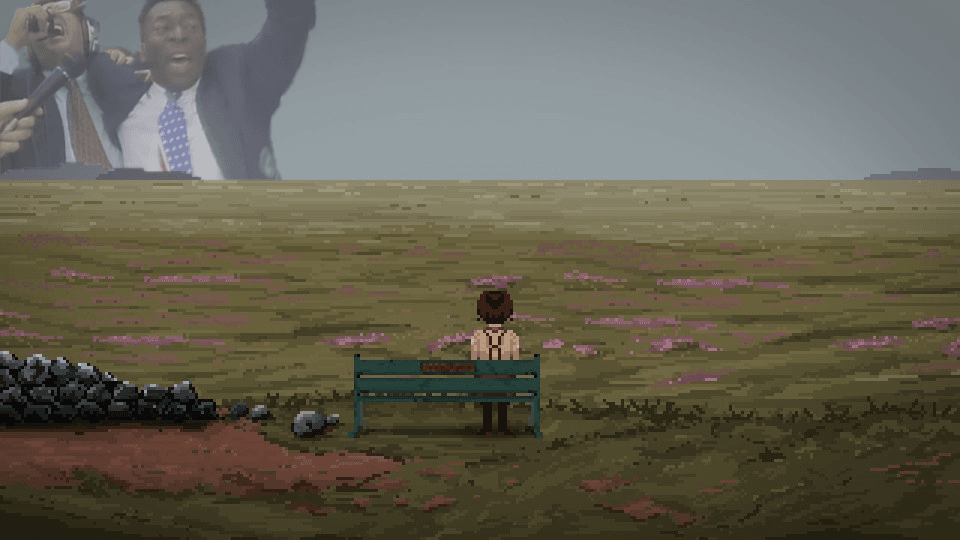 Imagem editada do jogo The Excavation of Hob's Barrow. A protagonista está sentada num banco observando o horizonte e no céu tem a foto do Pelé ao lado do Galvão Bueno no momento histórico da vitória do Brasil na Copa de 94