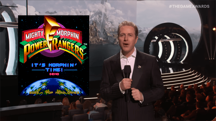 Montagem com a foto do Geoff Keighley no Game Awards de 2025 incluindo uma imagem do fangame Power Rangers: It's Morphin Time
