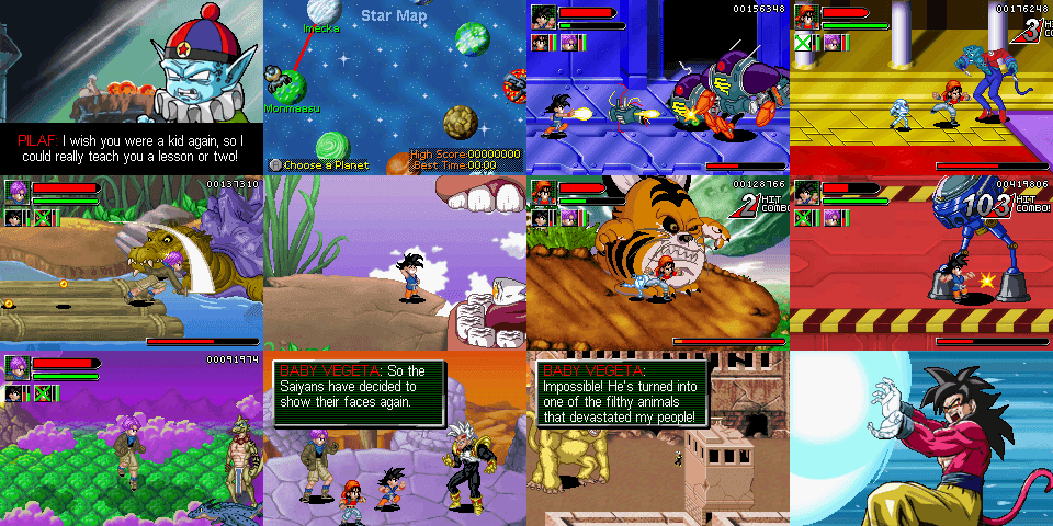 Várias imagens da jogabilidade de Dragon Ball GT: Transformation, beat'em up do Game Boy Advance dos mesmos desenvolvedores de The Legacy of Goku
